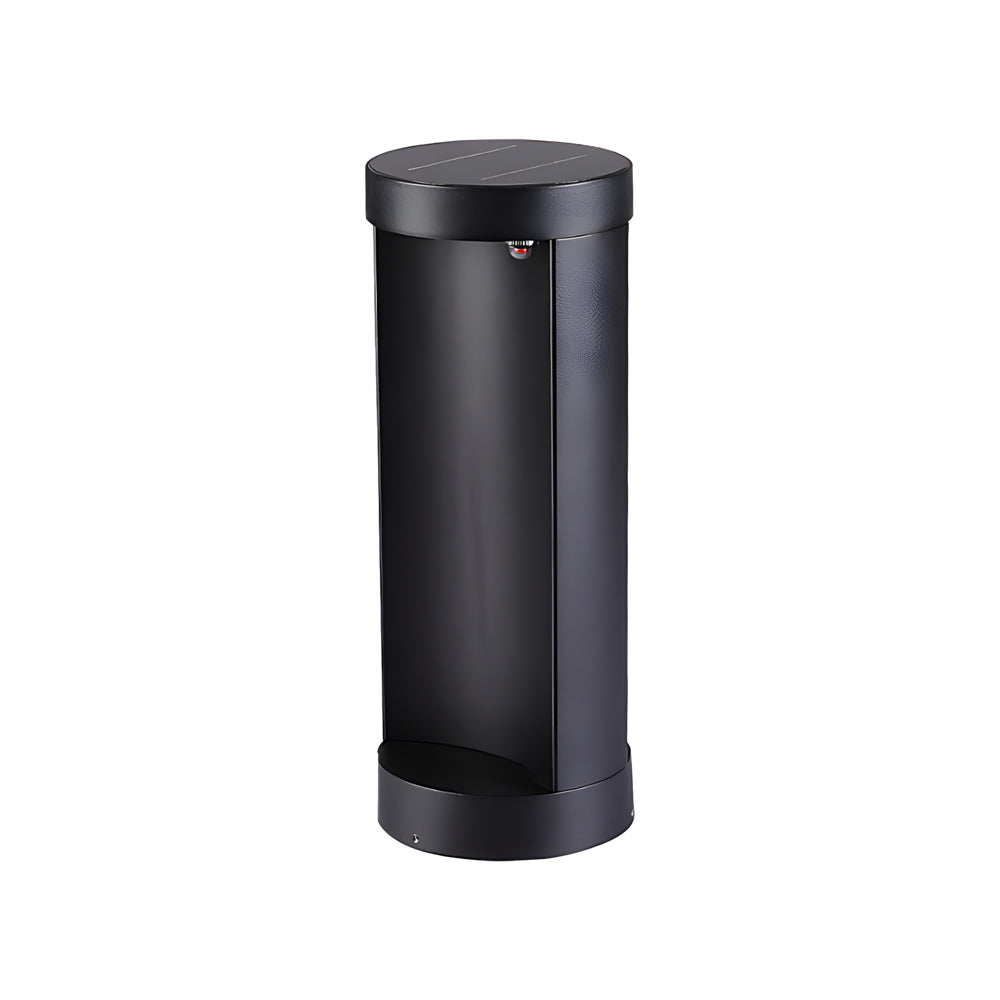 Contemporary Outdoor Cylinder Bollard Light — Aluminum and Frosted Glass, LED, Solar or Hardwired, IP65, 15W, Black