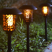 Round Hollow Solar Path Light — Die-Cast Aluminum, Black, Flickering LED Flame Effect, 3000K Warm White, IP-Rated Weatherproof