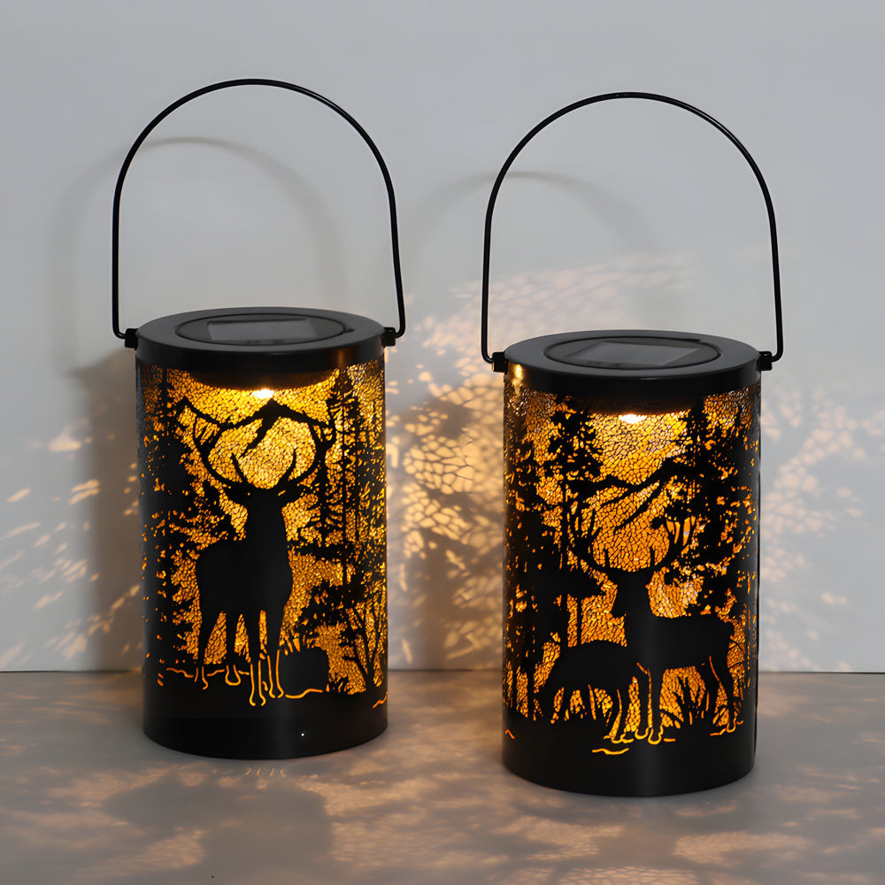 Iron Hollow Deer Silhouette Hanging Solar Lantern — Black, LED, IP65 Weatherproof, Warm White 3000K