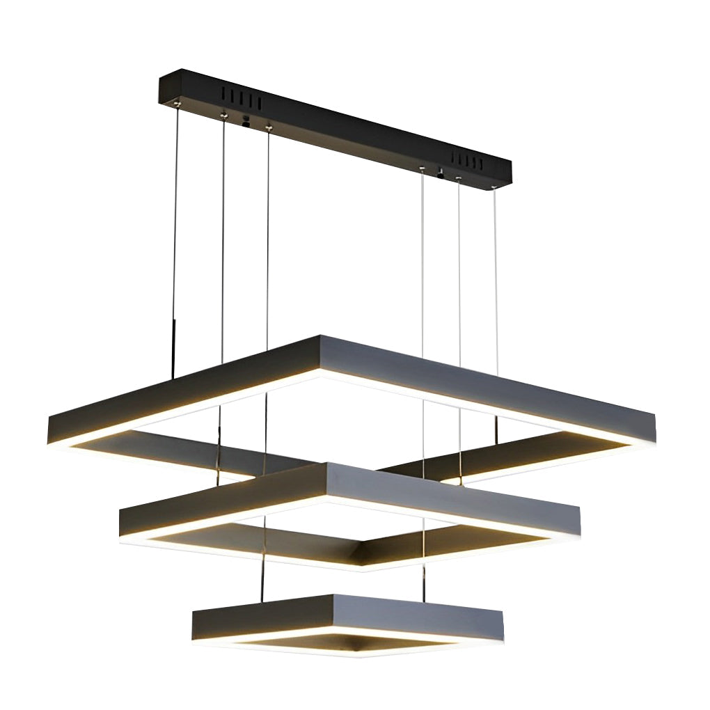 Modern Square LED Chandelier — Black Aluminum, 3-Layer Stepless Dimming, Remote Control