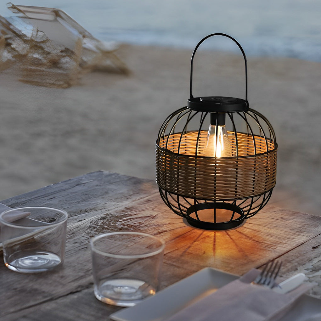 Rattan Cage Portable Outdoor Solar Lantern — Rustic Modern, IP55 Weatherproof, 9" Diameter