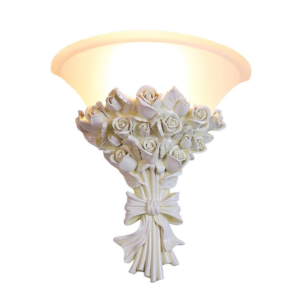 Resin Roses Bouquet Wall Sconce — Glass Shade, Gold or White, E27, 3000K, 12.2" × 12.6"