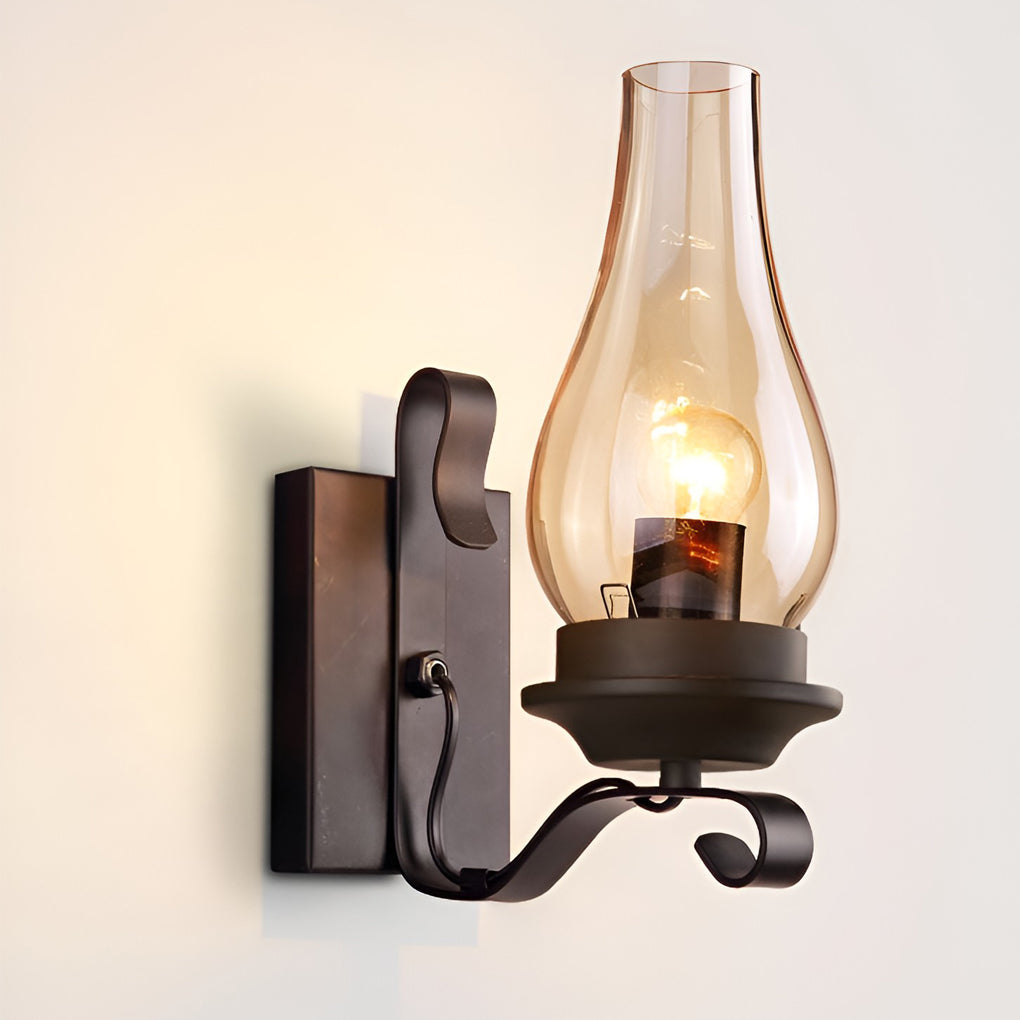 Industrial Retro Wall Sconce — Black Iron, E27, Blown Glass Shade, 8" × 12"
