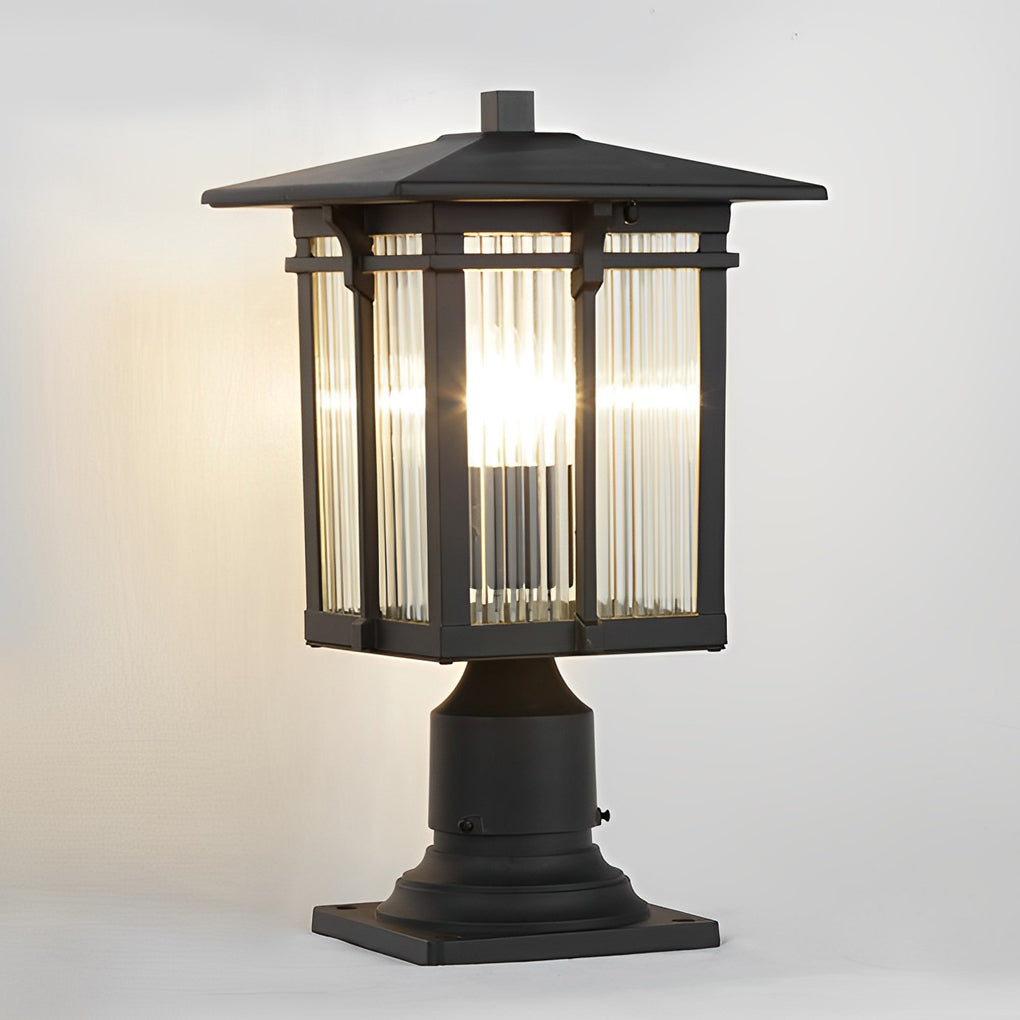 Modern Industrial Outdoor Post Light — Black Die-Cast Aluminum, Striped Glass Shade, E27 LED, IP23 Waterproof