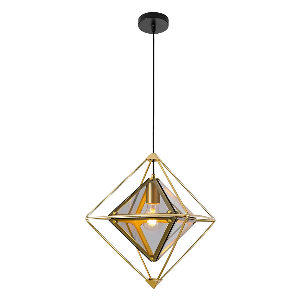 Modern Geometric Glass Pendant Light — E27, 16" Diameter, Amber or Smoke Gray, Gold or Black Finish