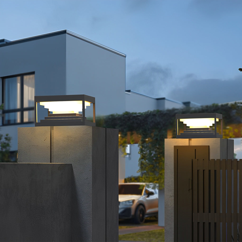 Modern Square Solar Post Cap Light — Black Stainless Steel, LED 3000K, IP65, 7.87"–15.75"