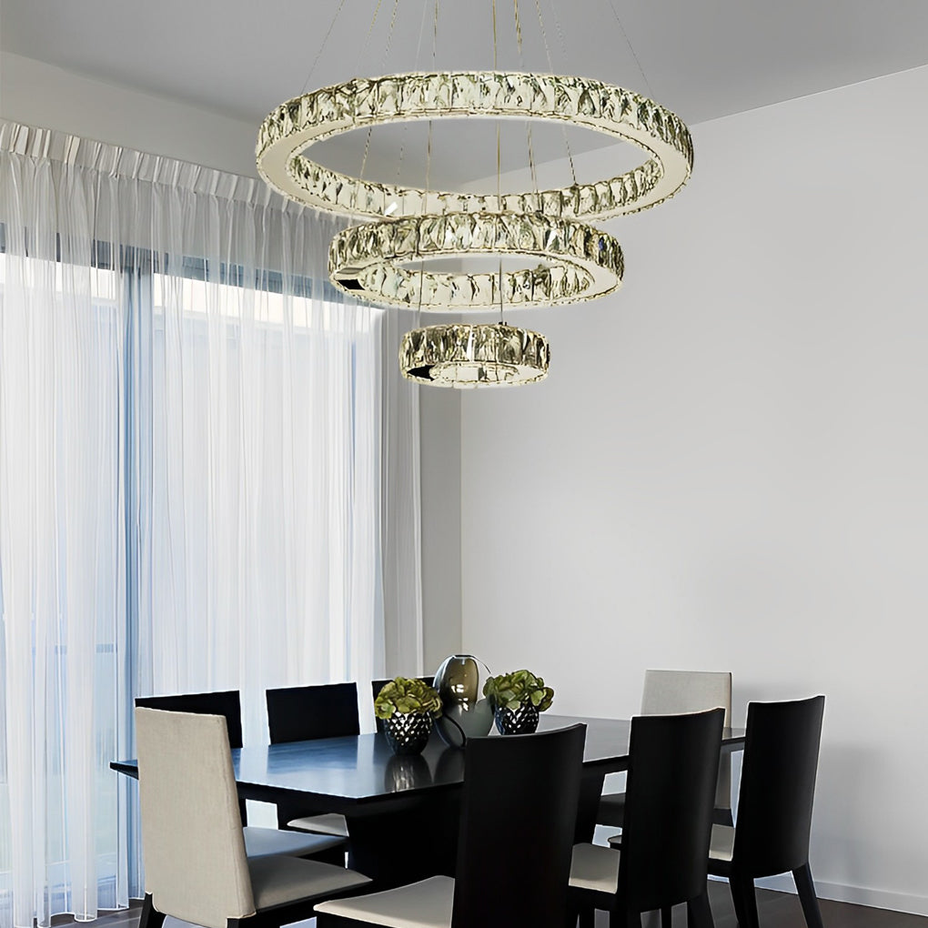 3-Tier Geometric Ring Crystal Chandelier — Chrome, LED, Dimmable, Remote Control, 11.8"+19.7"+27.6" Stacked Tiers