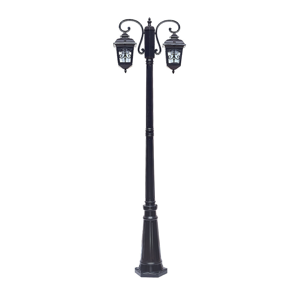 2-Light Retro Outdoor Post Light — Die-Cast Aluminum and Glass, Bronze/Black, E27, IP65, Hardwired, 21.7" W × 116.1" H