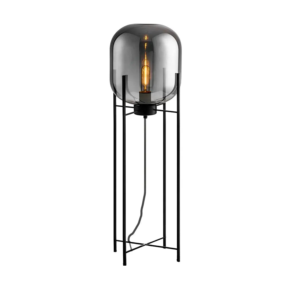 Industrial Floor Lamp with Standing Metal Base and Hand-Blown Glass Shade Luxe