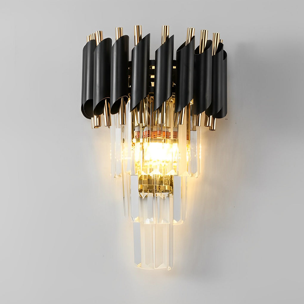 Postmodern Geometric Wall Sconce — Metal and Crystal Glass, 2-Light E14, Gold and Black, 10" × 14"