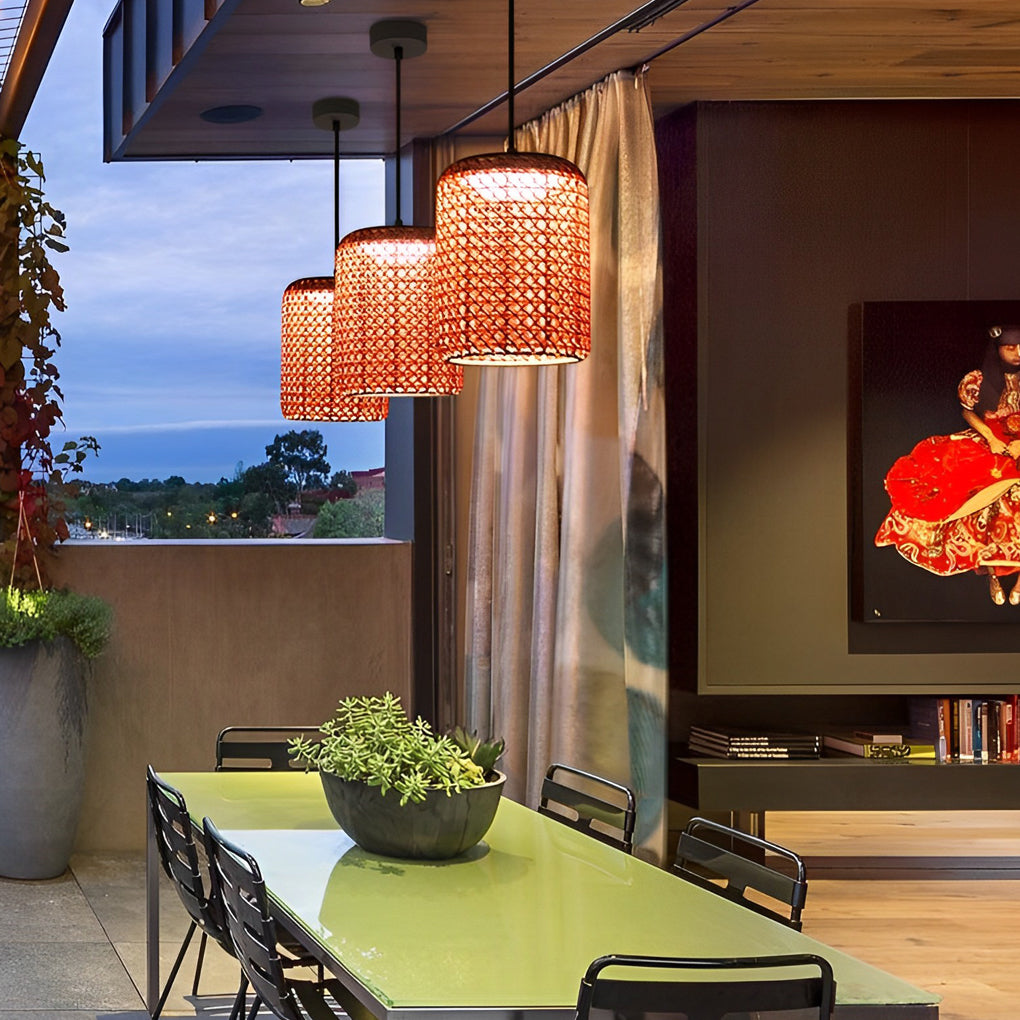 Rattan Lantern Outdoor Hanging Chandelier — Iron, Red, LED 10W 3000K, IP55 Waterproof, Hardwired