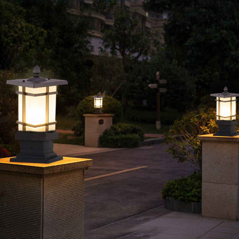 Vintage Geometric Outdoor Bollard Light — Black Aluminum & Glass, 12W LED E27, IP65, Hardwired