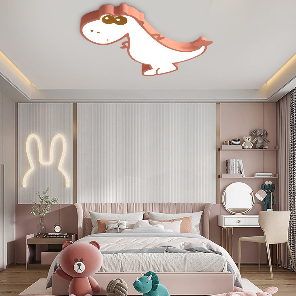Cartoon Dinosaur LED Flush-Mount Ceiling Light — Metal, Dimmable with Remote, Pink or Green, 24" × 22"