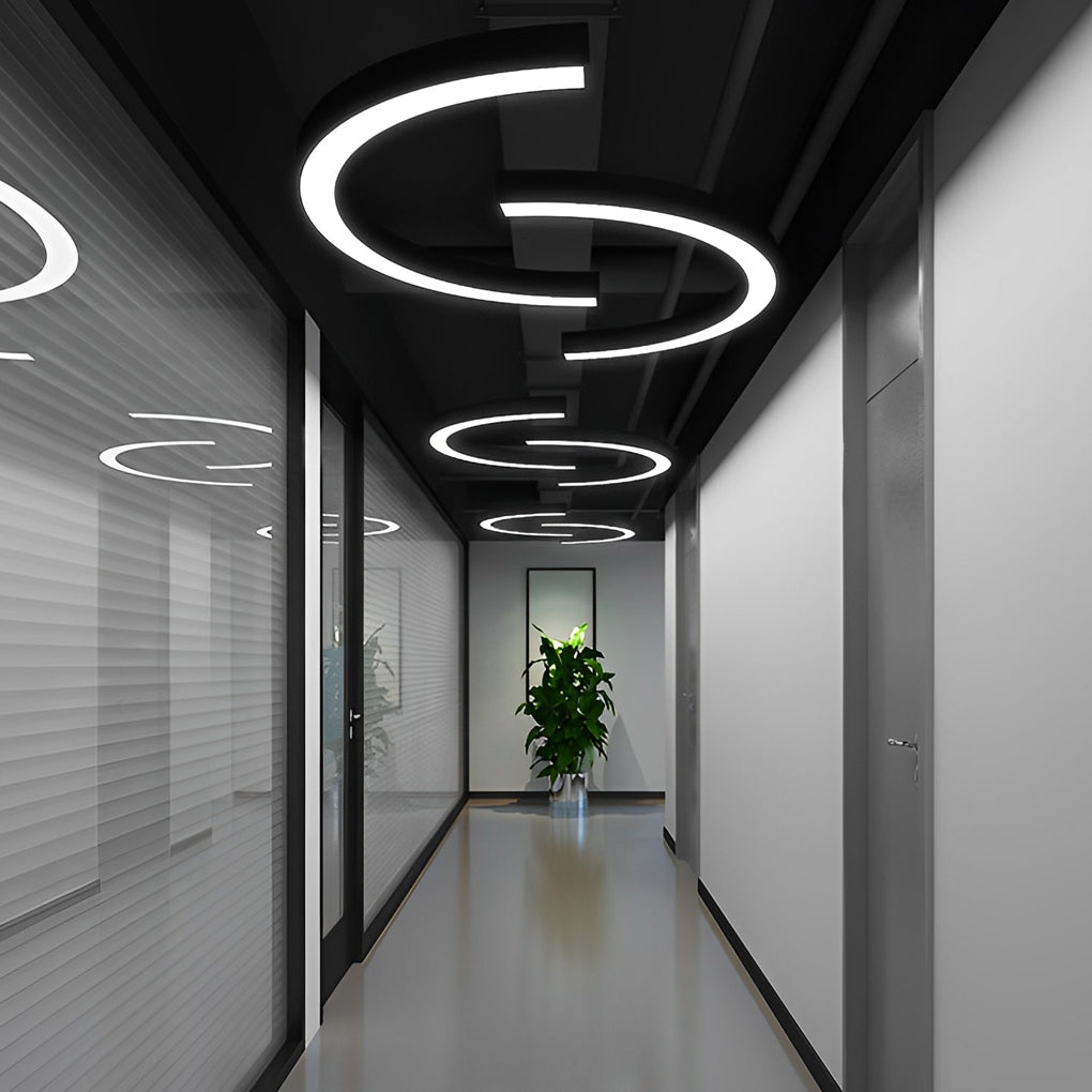 C-Shape Semicircular LED Pendant — Black Iron, Acrylic Diffuser, 6000K, 8 Size Options