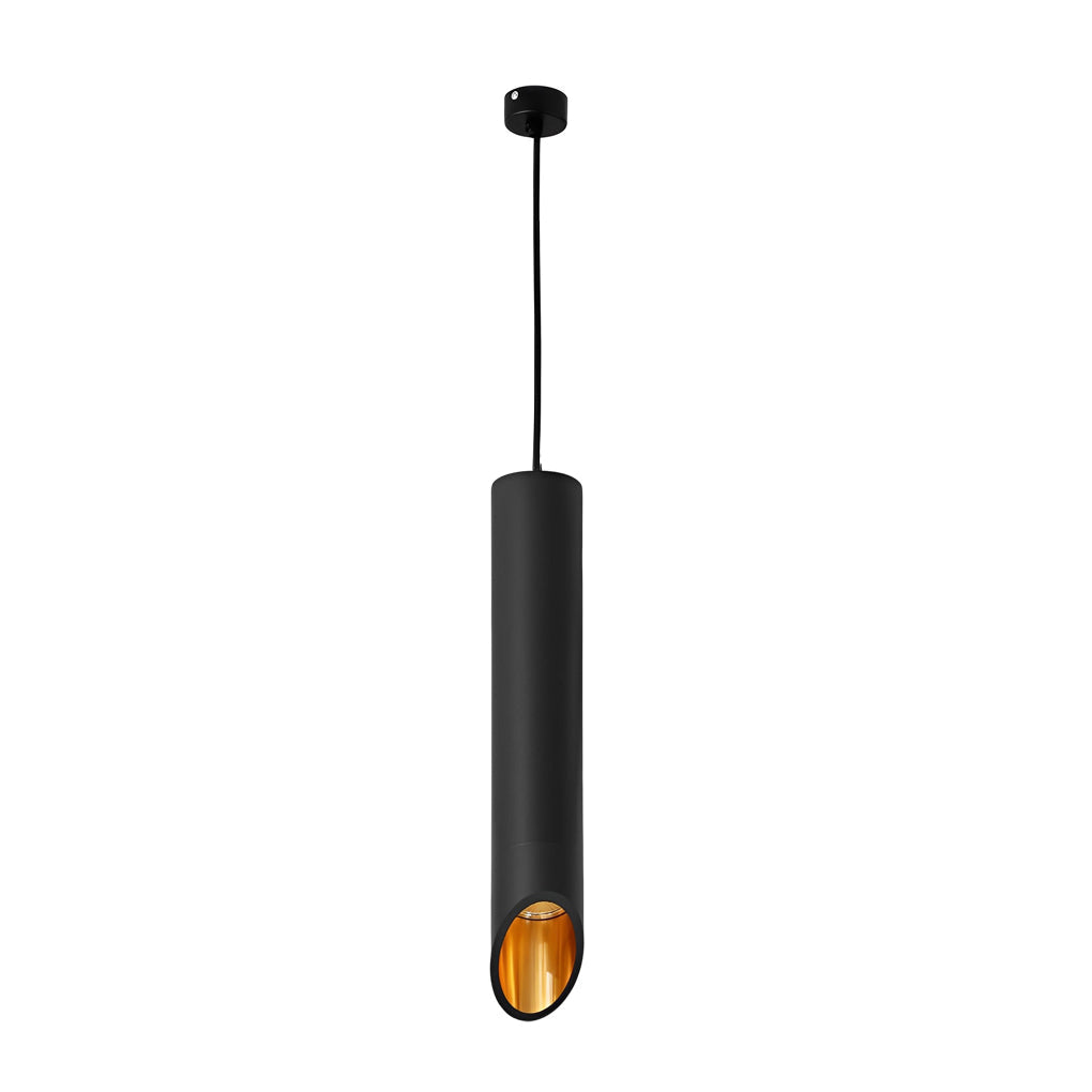 Cylindrical Oblique Mini Pendant — Aluminum, LED 5W 3000K, 2" × 16", Black or White with Gold