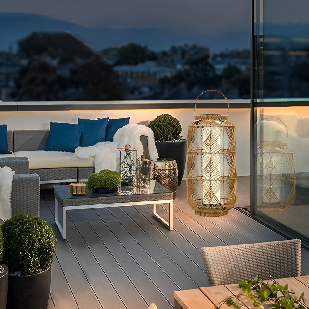 Rattan Solar Floor Lamp — PE Rattan and Iron, LED 3000K Warm White, Portable, Waterproof, 12" x 29"