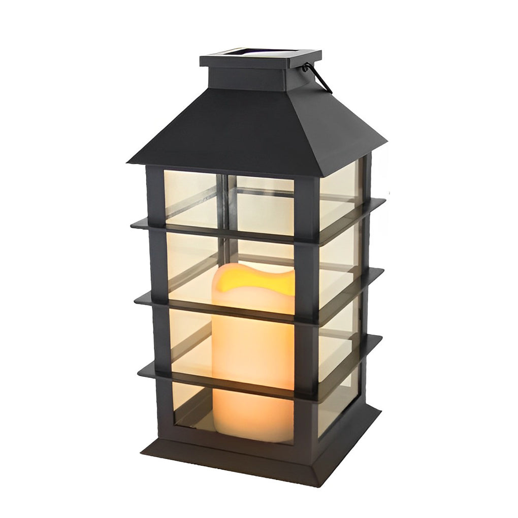 Black Solar Outdoor Portable Lantern — Glass, LED, IP54 Weatherproof, 3000K Warm White