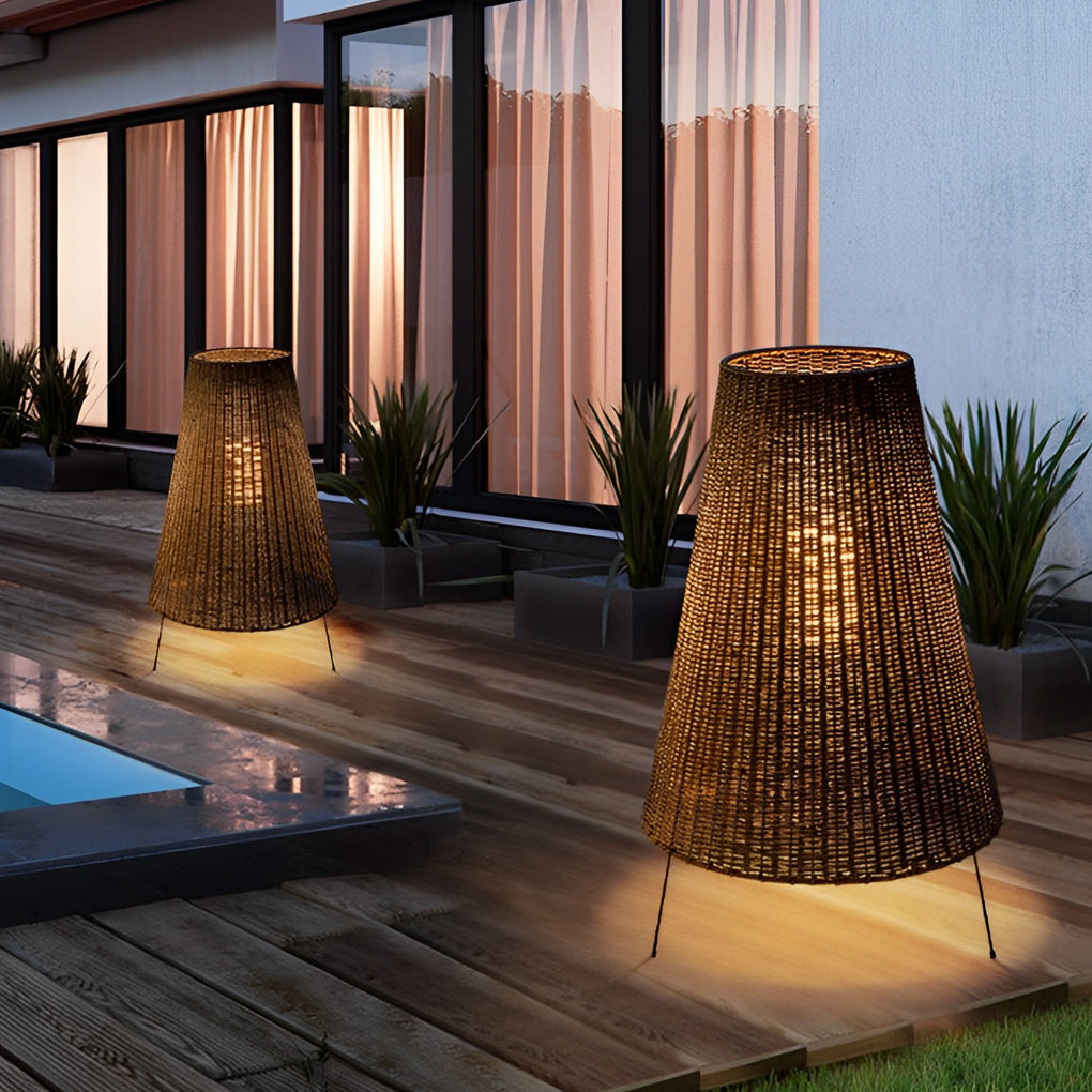 Rustic Modern Outdoor Floor Lamp — Woven Rattan Shade, Iron Tripod Base, 1-Light, IP65, 25" × 37"
