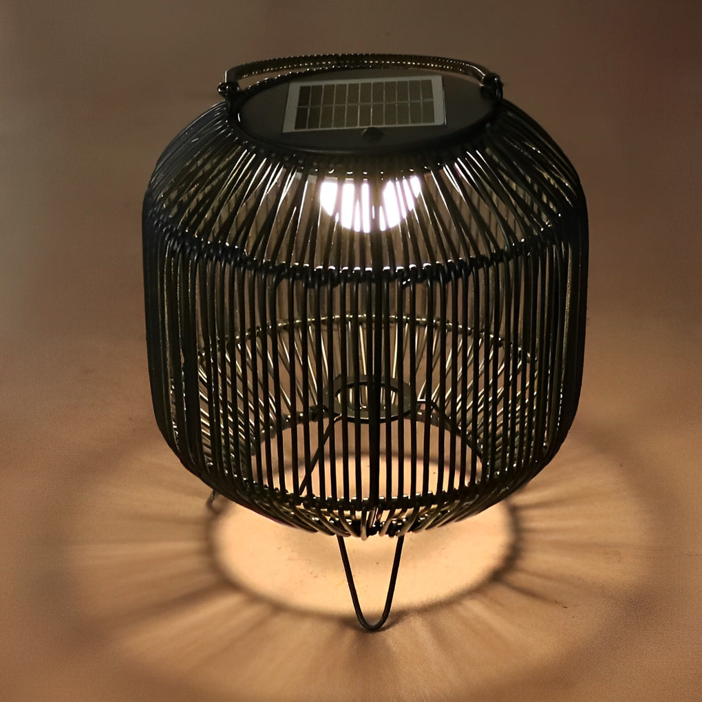 Retro Rattan Portable Outdoor Lantern — Iron and Wicker, Solar-Powered, IP65 Weatherproof, 10" × 16"