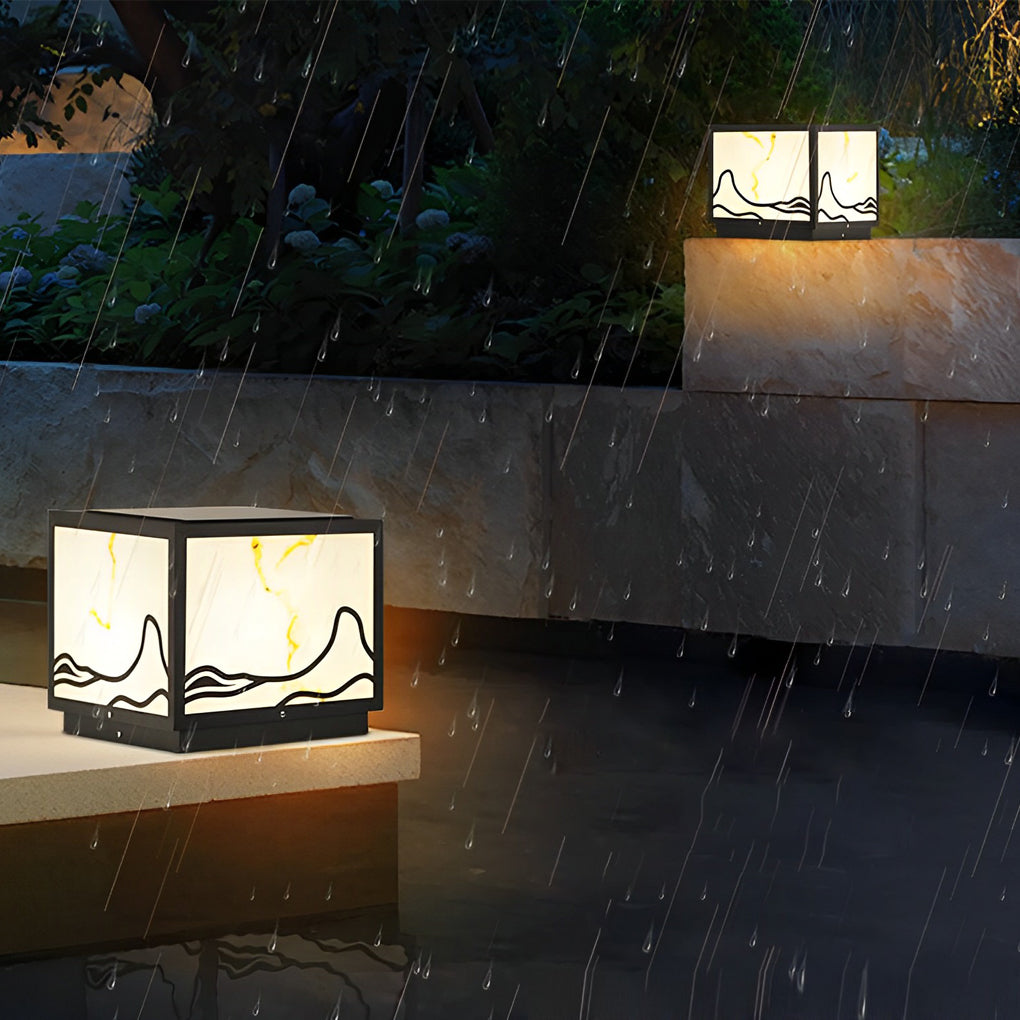 Mountain Scenery Solar Post Cap Light — Stainless Steel and Imitation Marble, LED, IP65, Warm White 3000K, Remote Control
