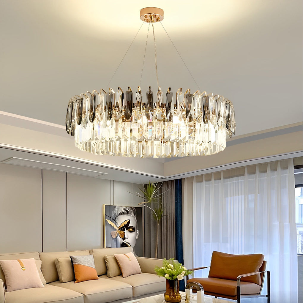 Modern Double-Layer Round Crystal Chandelier — Gold Electroplated Metal, Raindrop Crystal, Adjustable Height, 20"–39" Diameter