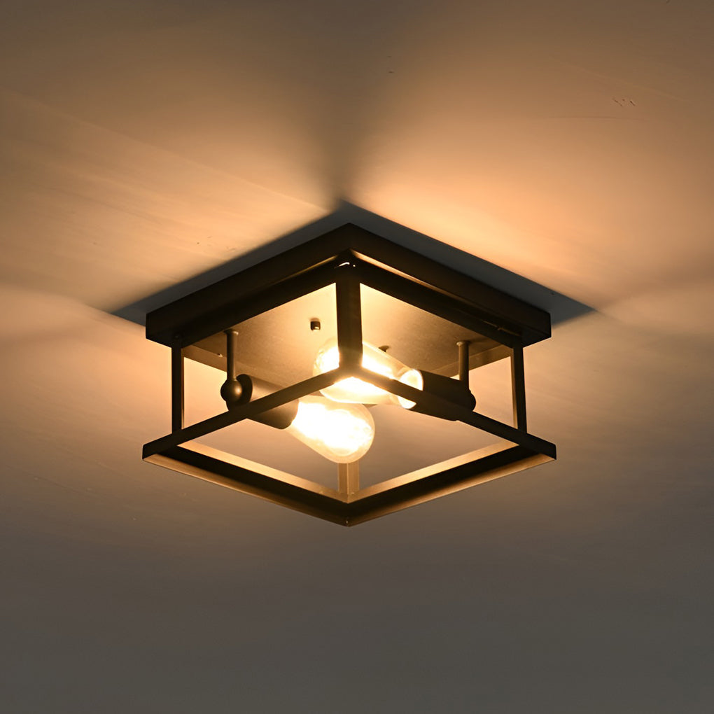 Square Industrial Flush-Mount Ceiling Light — Black Iron, Retro, 11" x 11"