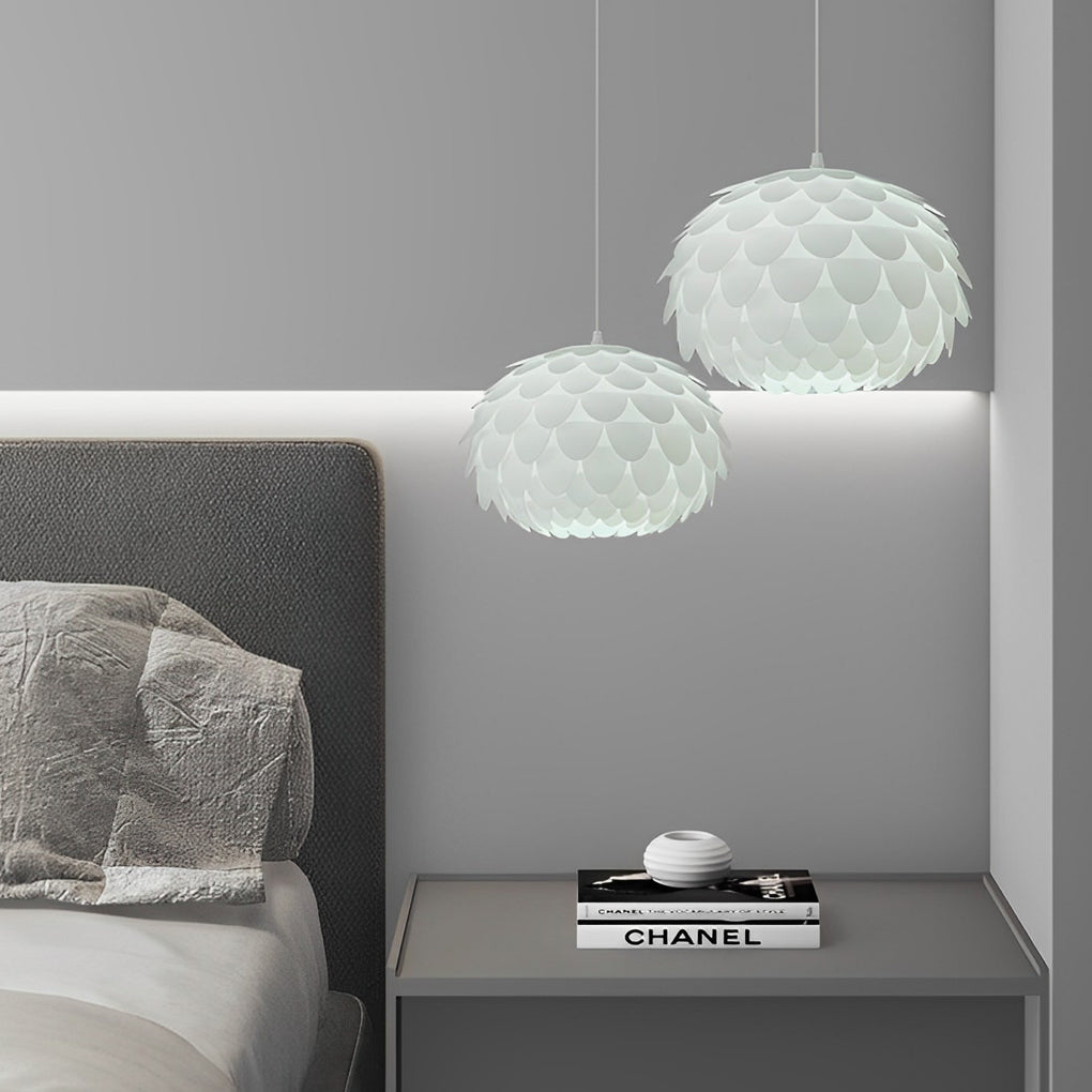 Fish Scale Round Pendant Light — White PP, Three-Step Dimming LED, 20W, 11.8" or 15.7"