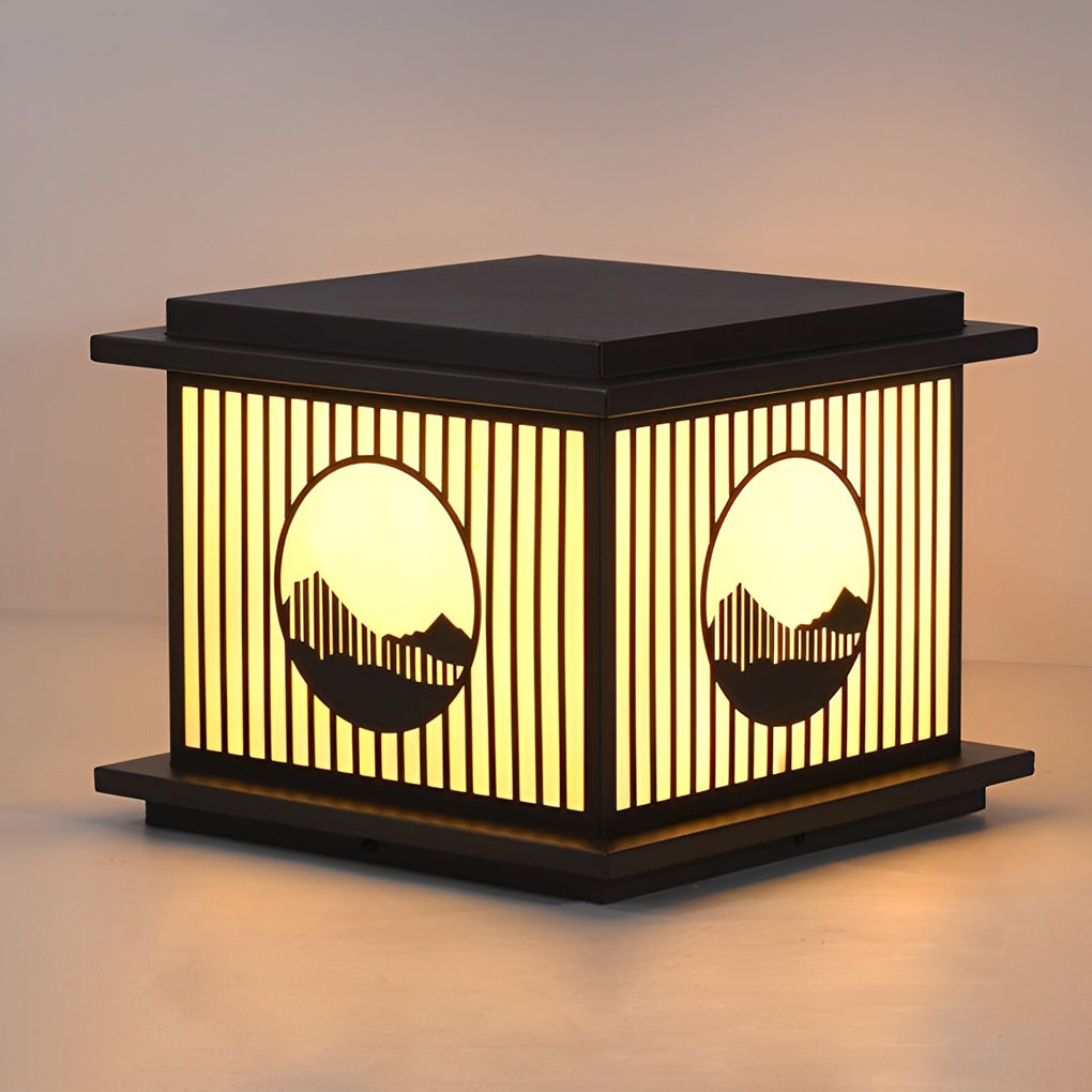 Modern Black Solar Pillar Lamp with Retro Mountain Scenery - Waterproof LED Design