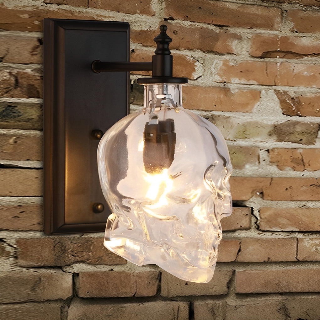 Industrial Skull Wall Sconce — Black Iron and Glass, E14, Warm White 2700–3200K