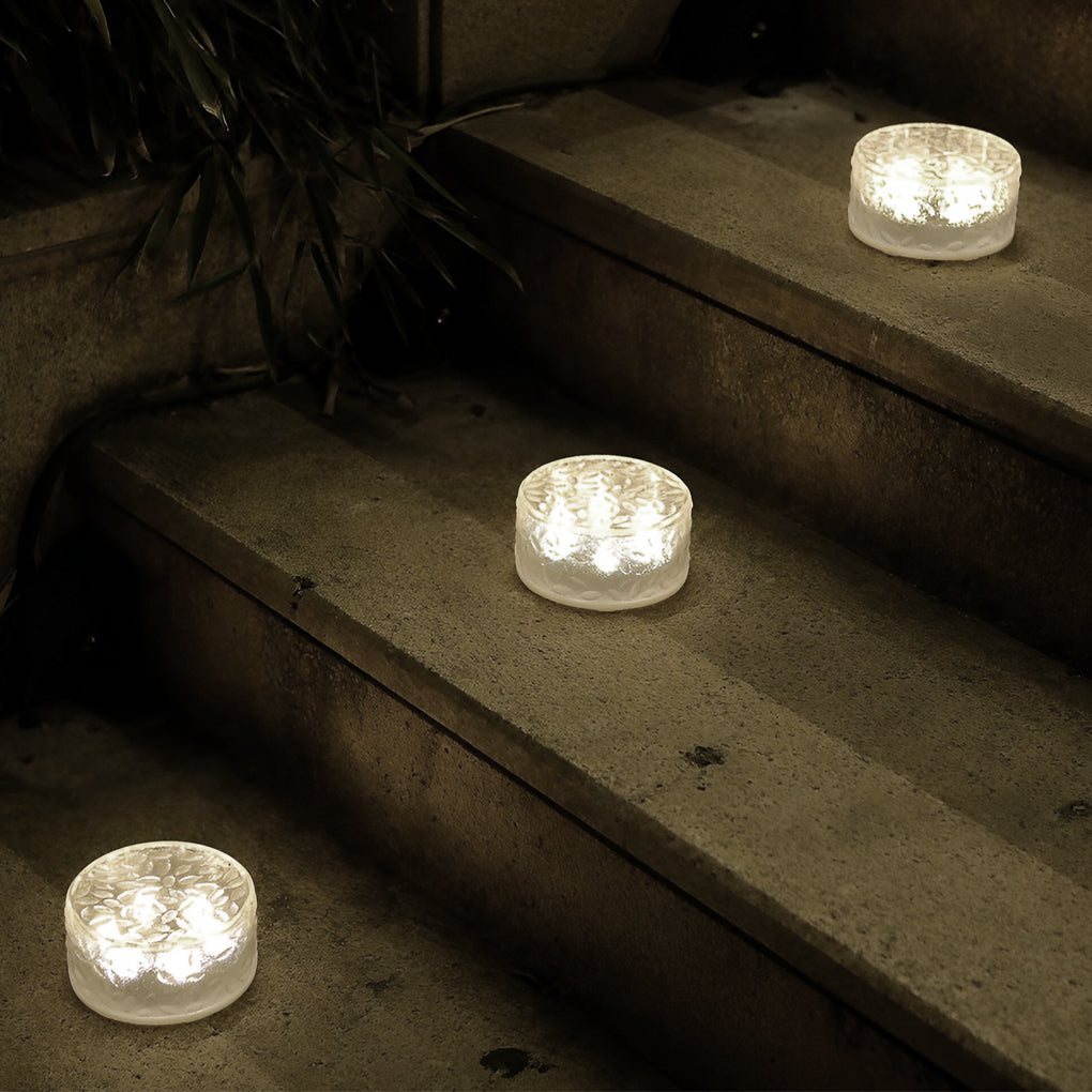 Round Ice Brick Solar Step Lights, Set of 4 — Acrylic, LED, IP65 Weatherproof, Warm White / Daylight