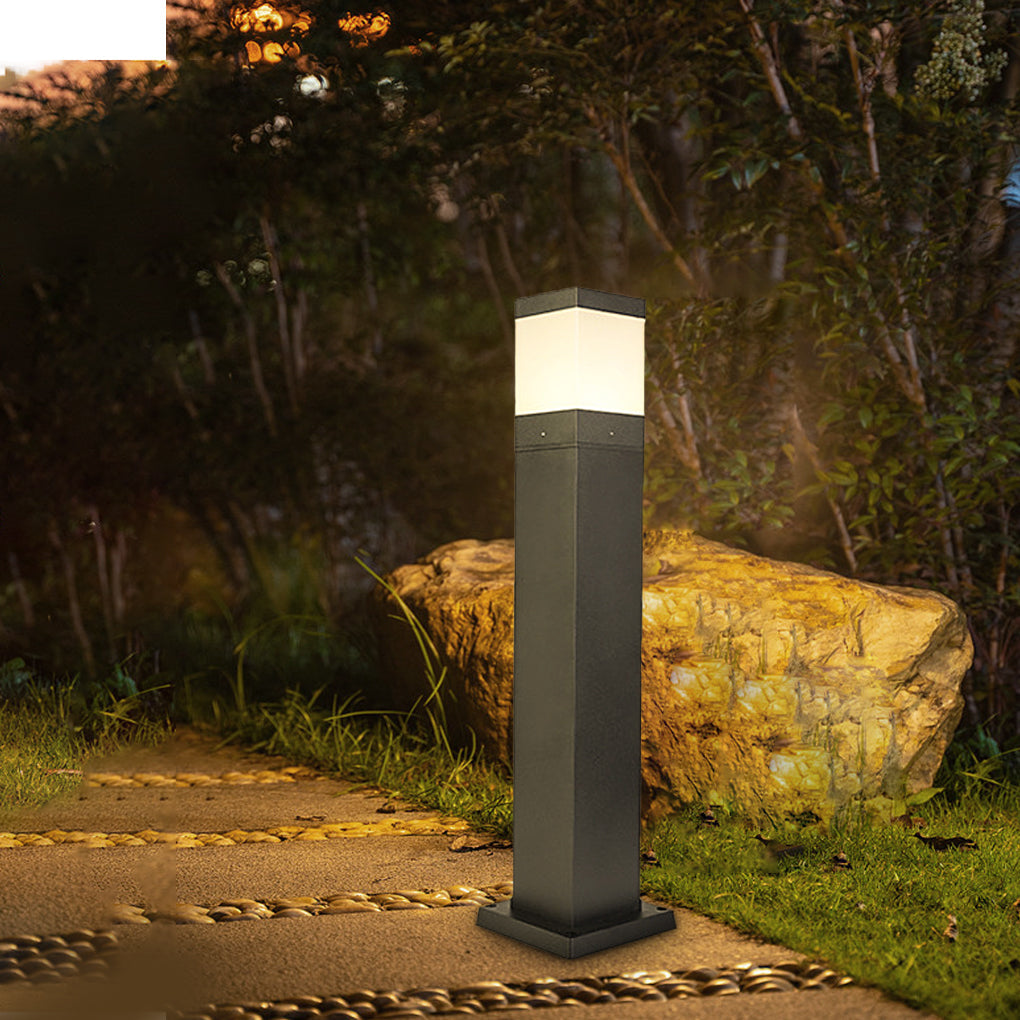 Minimalist Square Outdoor Bollard Light — Aluminum & Acrylic, Black, COB LED, IP65, Hardwired, 15.7" / 23.6" / 31.5"