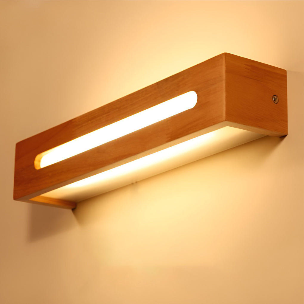 Rectangular Wood Wall Sconce — Rubber Wood, LED, Moisture-Proof, 14"/18"/22" Lengths
