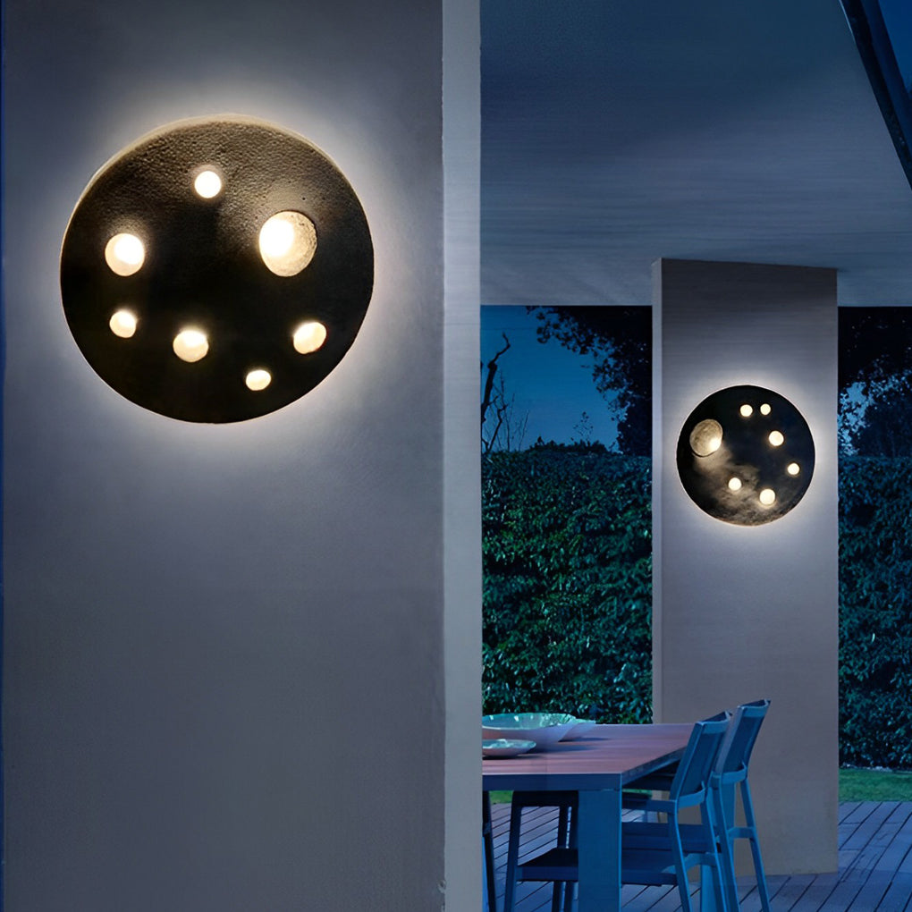 Lunar Crater Round Outdoor Wall Sconce — Stone, LED, IP65 Weatherproof, 12" or 18", 3000K Warm White
