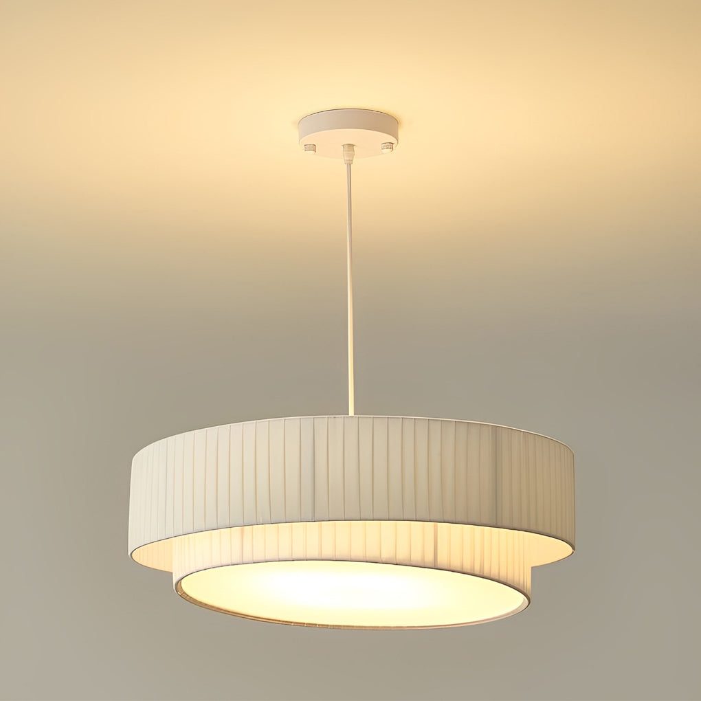 Double-Layer Drum Pleated Chandelier — White Fabric & Acrylic, 4-Light E27, 20" Diameter, 3000K Warm White