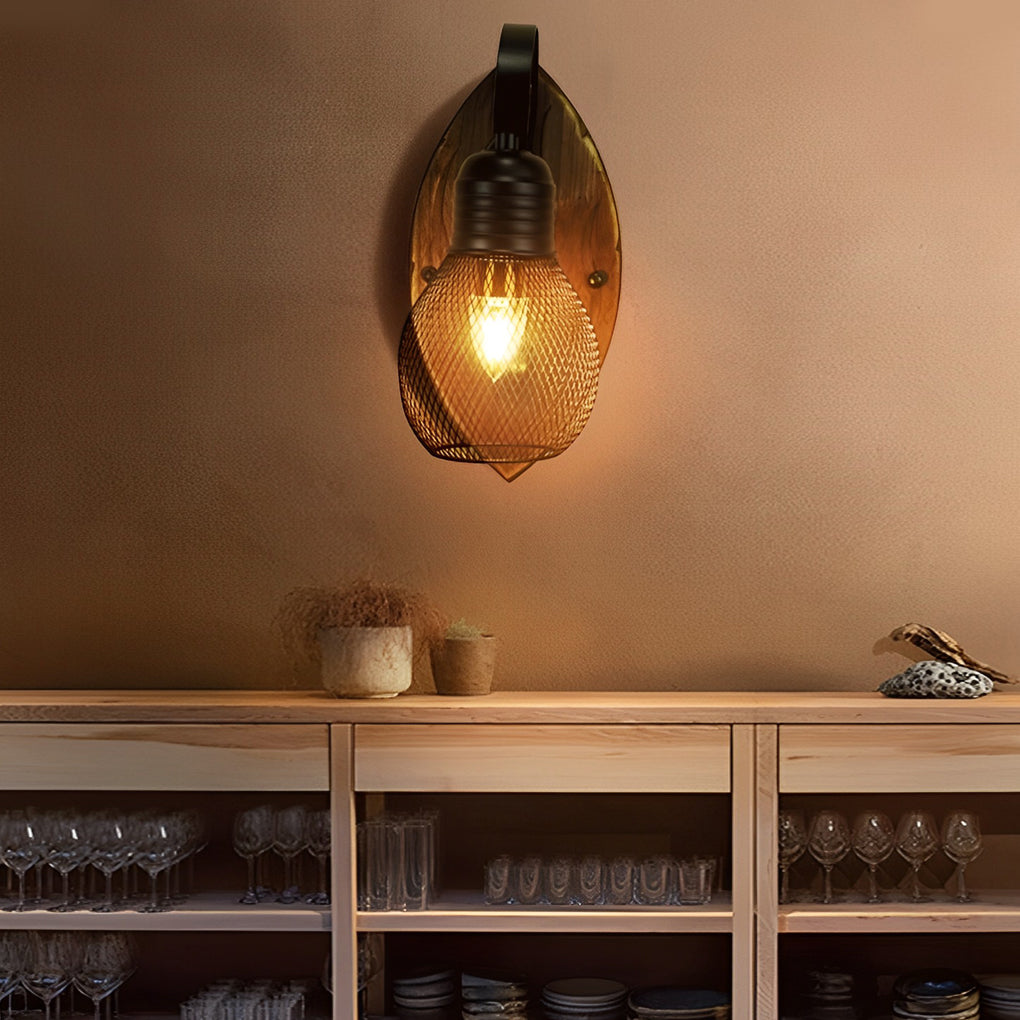 Industrial Rustic Wall Sconce — Antique Wood and Black Iron Hollow Mesh, E27, Hardwired, Max 40W