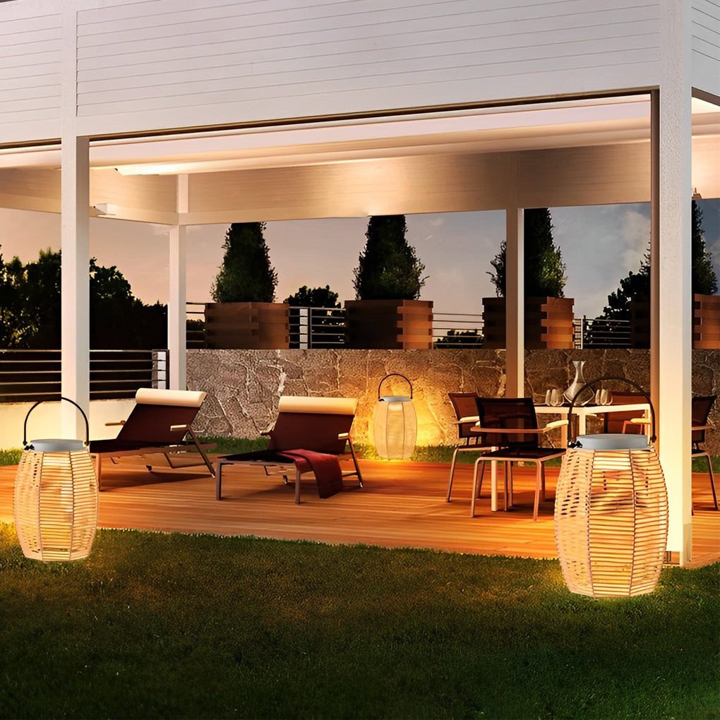 Rattan Solar Portable Outdoor Lantern — Stainless Steel, 3000K Warm White, IP54 Weatherproof, 180° Rotating Handle