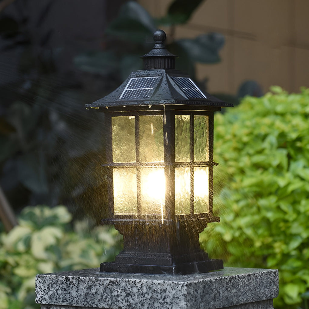 Modern Black Solar Post Cap Pillar Light — Die-Cast Aluminum & Glass, E27 LED, Remote Control, Dimmable