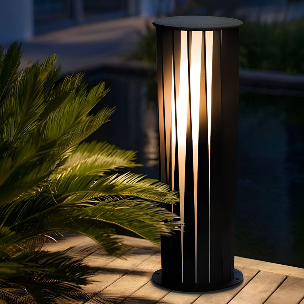 Geometric Cage Solar LED Bollard Path Light — Die-Cast Aluminum, Black, IP65, 3000K, Available in 15.7", 23.6", or 31.5"