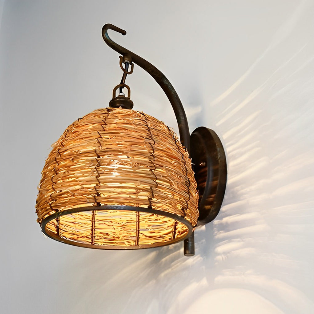 Rustic Handwoven Rattan Wall Sconce — Iron, E27, 8" Diameter, Warm White 3000K