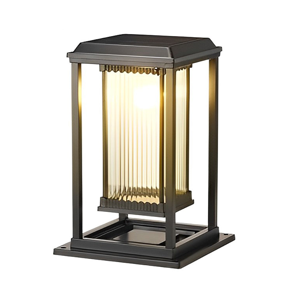 Square Solar Bollard Path Light — Black Die-Cast Aluminum, Ribbed Glass, 3000K LED, Auto Dusk-to-Dawn