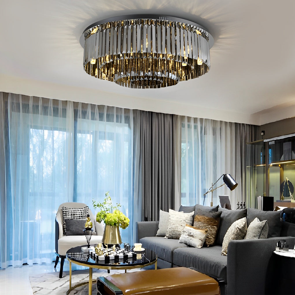 Multilayer Smoky Gray Crystal Flush Mount — Stainless Steel, Three-Step Dimming, 3000K/4500K/6000K, 19.7"/23.6"/31.5"