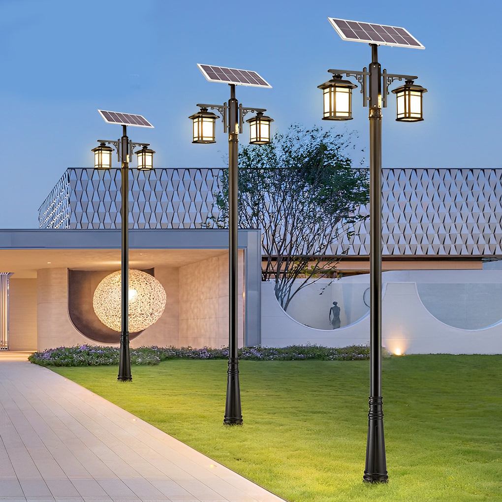 Vintage Solar Outdoor Post Light — Black Aluminum and Glass, LED, 3-Step Dimming, Remote Control, Weatherproof
