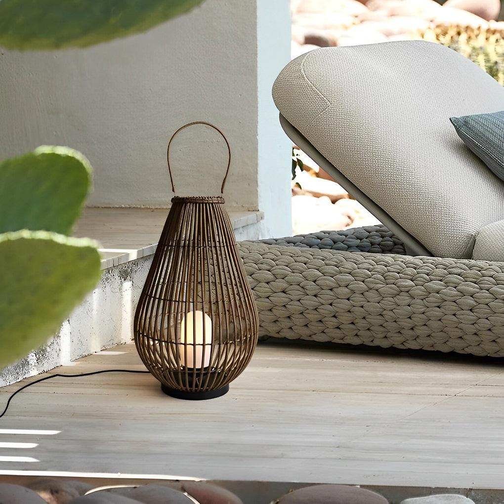 Modern Retro Portable Outdoor Lantern — Hand-Woven Rattan and Iron, E27, 13.8" × 20.9", Waterproof