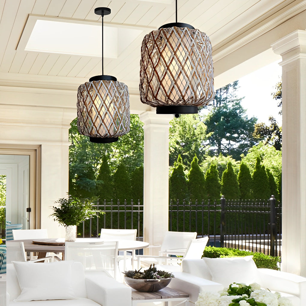 Rustic Modern Outdoor Hanging Chandelier — Iron and Rattan, E27, 10.2" Diameter, Waterproof