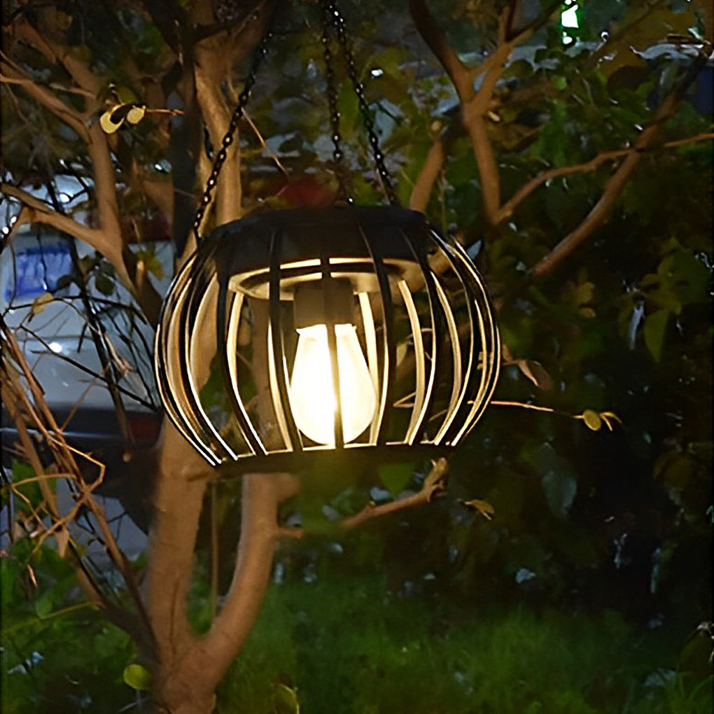 Pumpkin Solar Outdoor Lanterns, Set of 2 — Black Iron & ABS, LED, IP65, 7" Diameter, 12-Hour Runtime