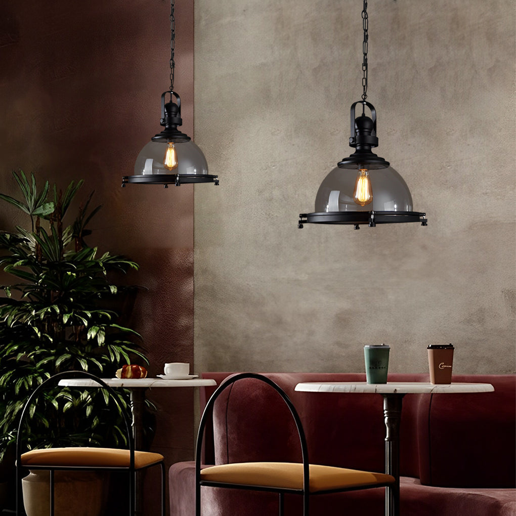 Industrial Semicircular Bowl Pendant Chandelier — Black Iron and Transparent Glass, 16" Diameter