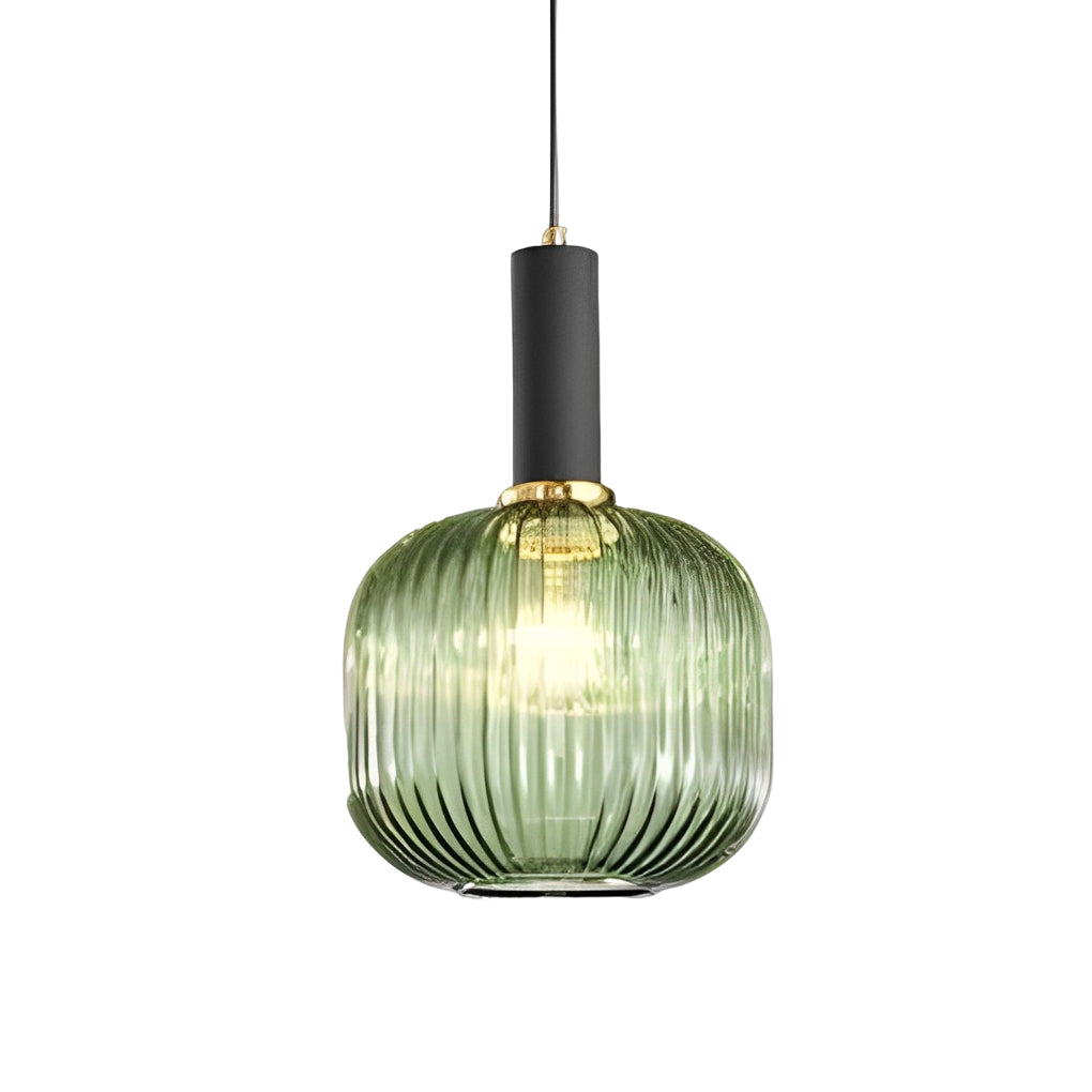 Striped Glass Lantern Mini Pendant — Modern, LED, 3000K, Available in Green, Amber, and Smoke Gray
