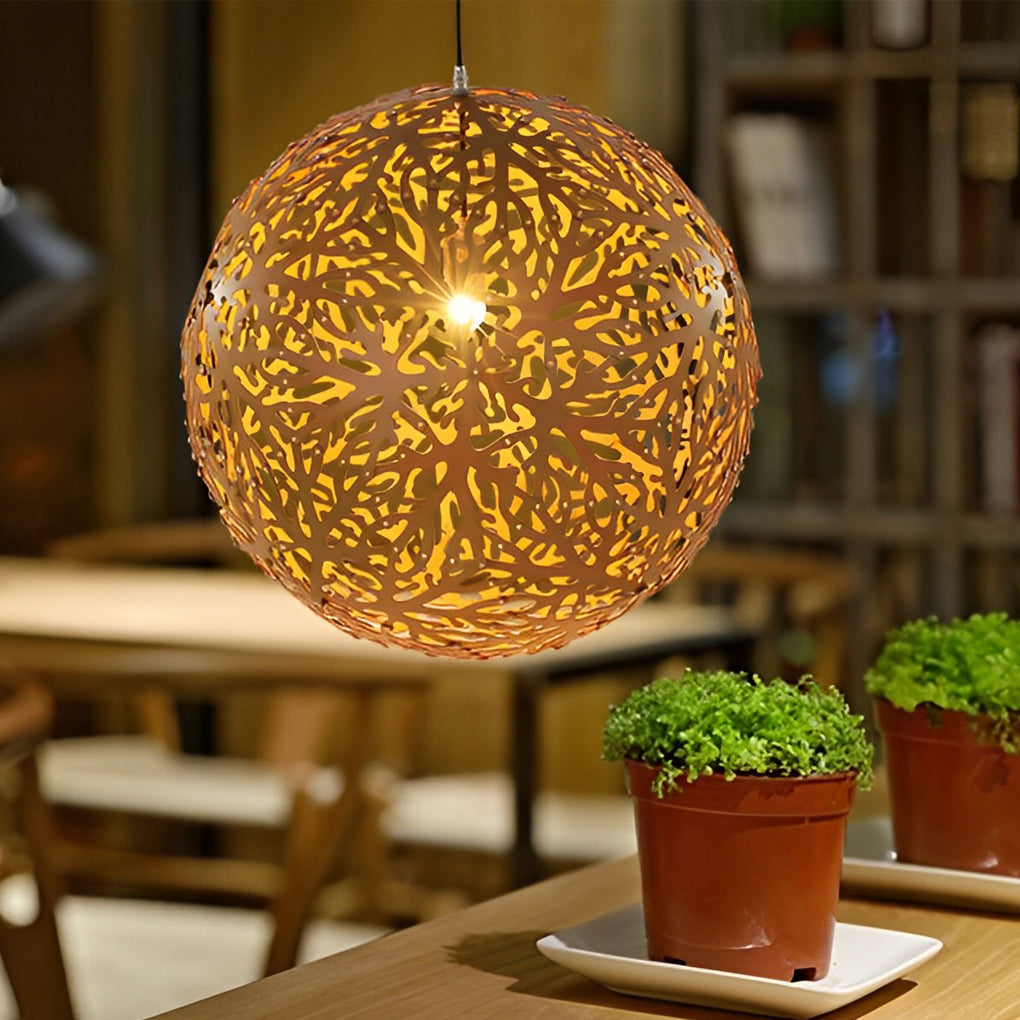Hollowed Basswood Ball Pendant — Handmade Wood, E27, Rustic Modern, 15.7" or 19.7"