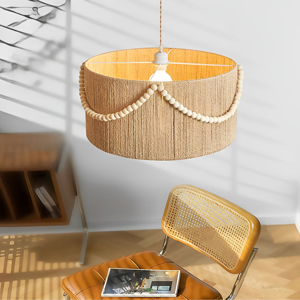 Bohemian Pendant Chandelier — Hemp Rope, Wood Beads and Tassels, E27, 16" or 20" Diameter