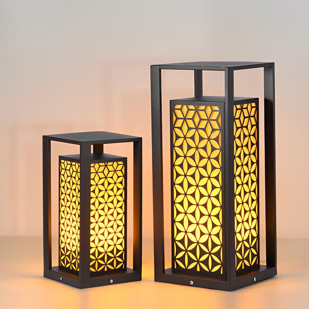 Floral Pattern Modern Bollard Path Light — Black Galvanized Steel, 10W LED, 3000K Warm White